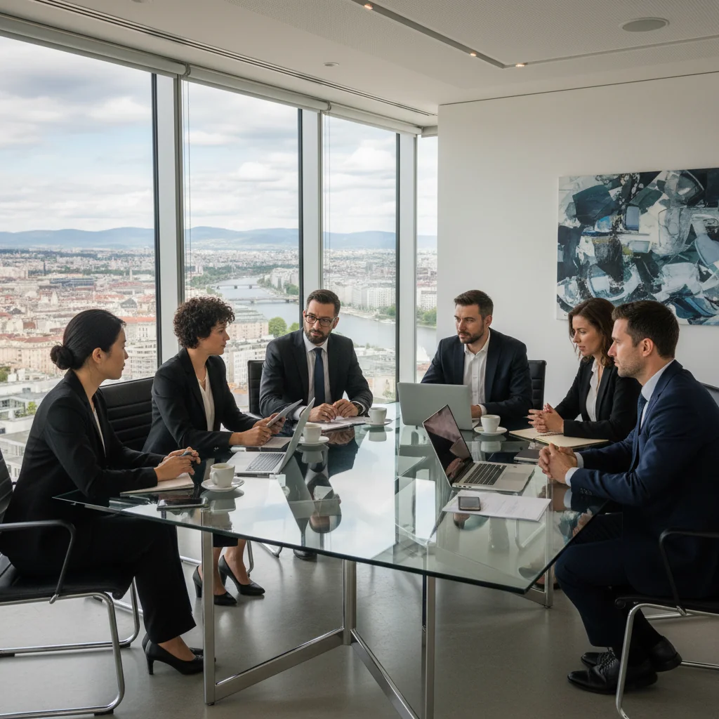 A professional photorealistic image depicting a business meeting in a modern Austrian corporate office, where a diverse group of adult professionals are discussing whistleblower protection policies with serious expressions, symbolizing the safeguarding of reporters in corporate environments. The scene includes elements like a conference table, laptops, and Austrian flags in the background to evoke a sense of security and compliance, without any focus on documents or children.