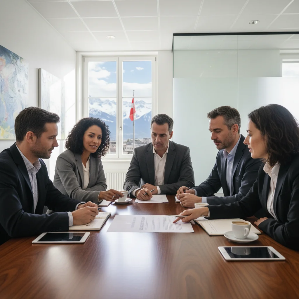 A photorealistic image of a diverse group of professional adults in a modern Swiss corporate office, engaged in a confidential discussion about reporting workplace issues, with elements like a whiteboard showing ethical guidelines, set against a backdrop of Swiss Alps visible through large windows, conveying trust, compliance, and professionalism.