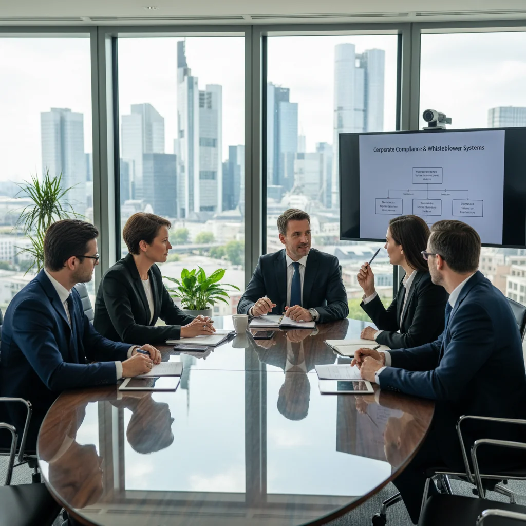 A photorealistic image of a professional business meeting in a modern German corporate office, where a diverse group of adults discusses compliance and whistleblower protection policies, symbolizing the purpose of a Hinweisgebersystem for reporting corporate misconduct in Germany. The scene conveys trust, transparency, and ethical business practices, with no focus on actual documents.
