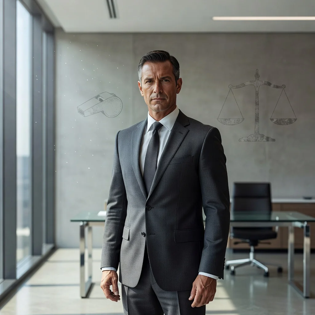 A photorealistic image symbolizing whistleblower protection in a corporate setting, featuring a determined adult professional standing tall in a modern office environment, holding a symbolic shield or document that represents safeguarding truth and integrity, with subtle elements like a gavel or scales of justice in the background, evoking empowerment and courage without showing any corporate documents directly.