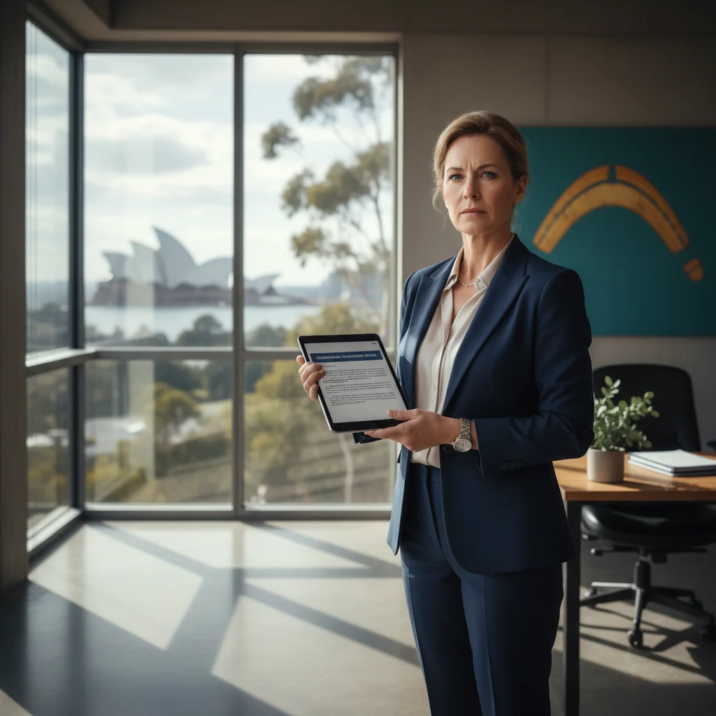 A photorealistic image depicting a professional whistleblower in an Australian corporate office setting, standing confidently with a determined expression, symbolizing courage and integrity in reporting misconduct, with subtle Australian elements like a flag or Sydney skyline in the background. No documents visible. No children present.