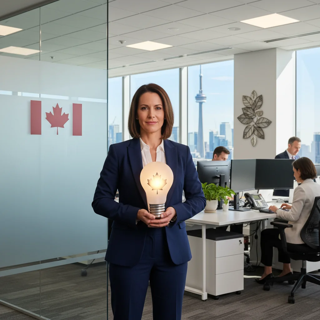 A photorealistic image of a professional adult whistleblower in a modern Canadian corporate office, standing confidently with a determined expression, symbolizing protection and integrity in reporting misconduct, with subtle Canadian elements like a maple leaf in the background, no children present.