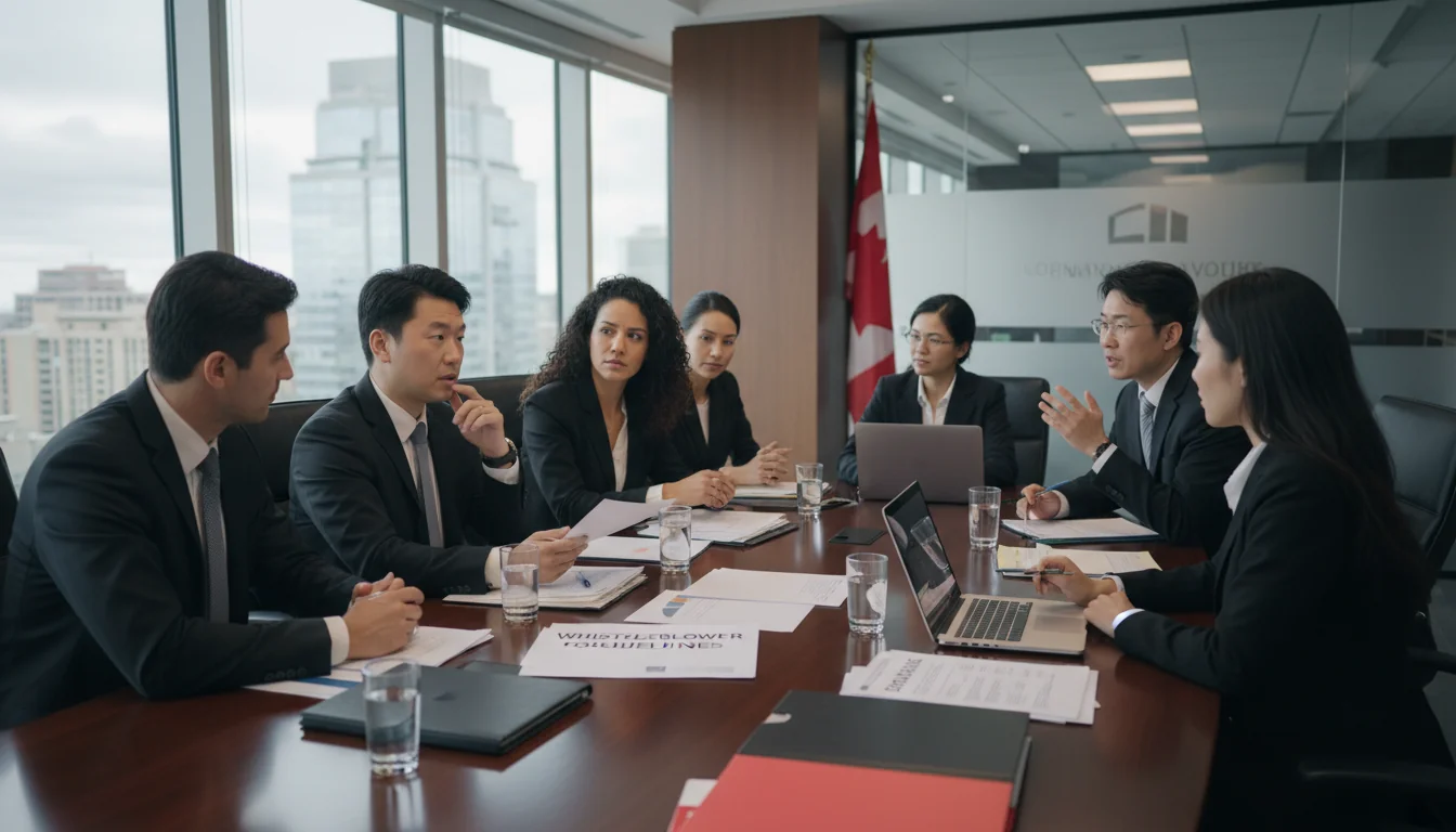 Corporate team discussing whistleblower guidelines