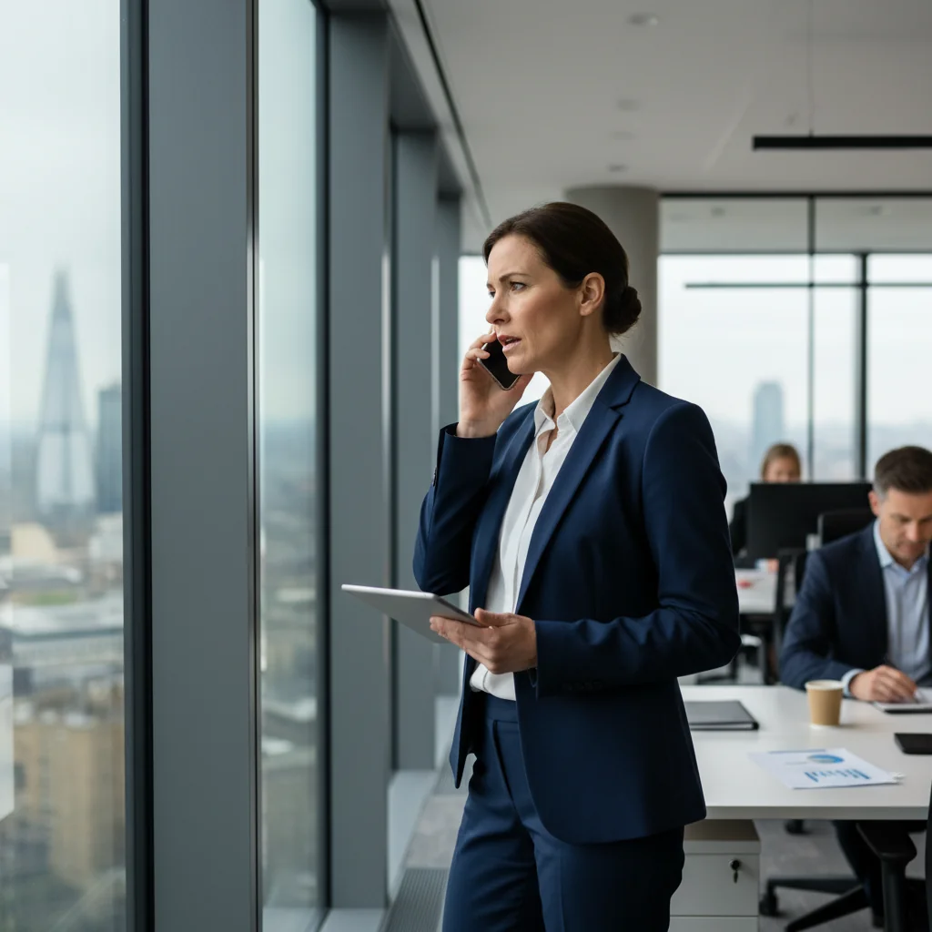 A photorealistic image of a determined adult professional in a modern office setting, standing confidently as if making a principled stand against wrongdoing, symbolizing whistleblowing in a corporate environment. The scene conveys integrity and courage without focusing on any documents.