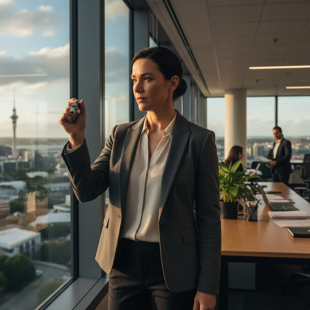A photorealistic image of a professional adult whistleblower in a modern New Zealand corporate office, standing confidently at a window overlooking Auckland's skyline, holding a whistle symbolically, with a determined expression, representing integrity and speaking up against wrongdoing. No children present.
