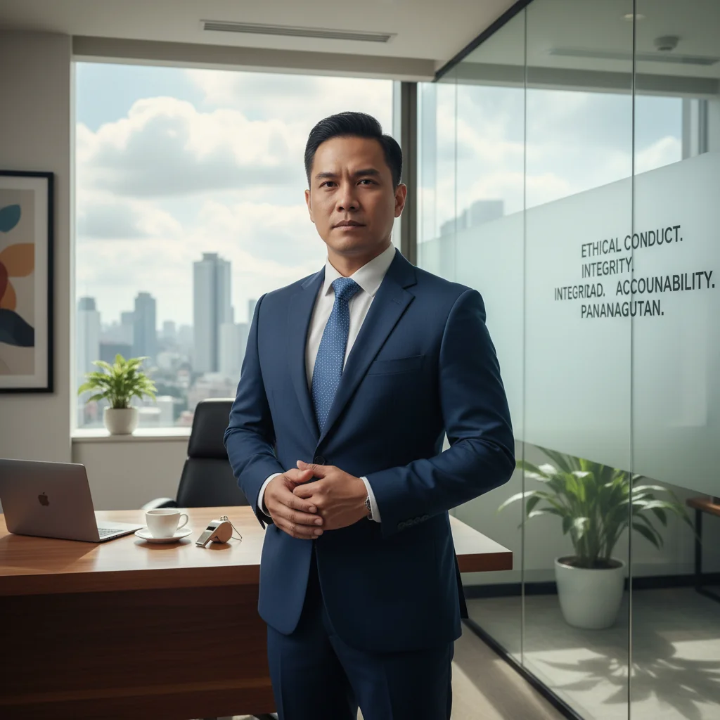 A photorealistic image of a determined adult professional in a modern office setting in the Philippines, standing up courageously as if speaking out against wrongdoing, with subtle elements like a whistle or a gavel in the background to symbolize whistleblowing, no children present, high detail and realism.
