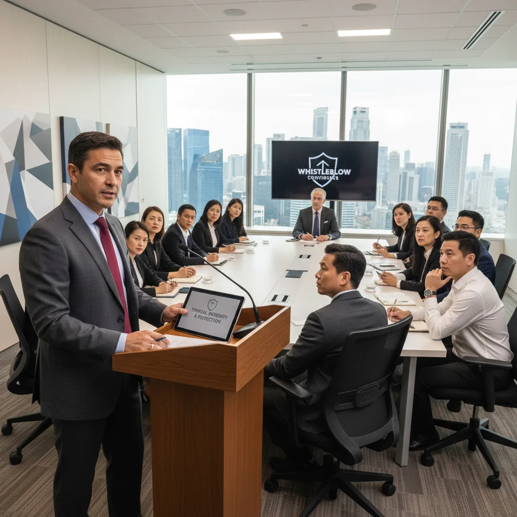 A photorealistic image of a professional adult whistleblower in a modern Singapore office setting, standing confidently and speaking into a microphone during a corporate ethics meeting, symbolizing the courage and protection offered by whistleblowing policies. The scene includes diverse adult colleagues listening attentively, with subtle Singaporean elements like a city skyline view in the background. No children are present in the image.