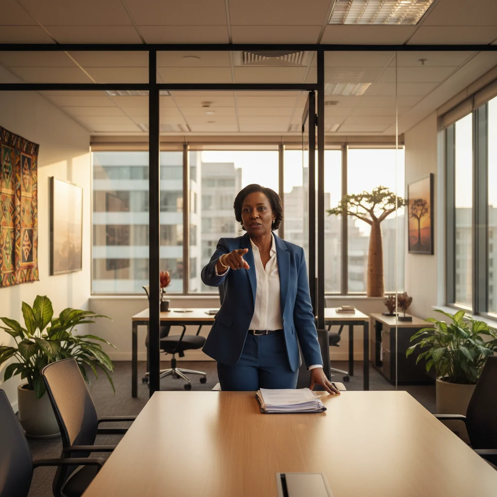 A photorealistic image of a determined adult professional in a modern South African office setting, standing up to report an issue, symbolizing whistleblowing integrity and courage in the workplace, with diverse South African cultural elements in the background.
