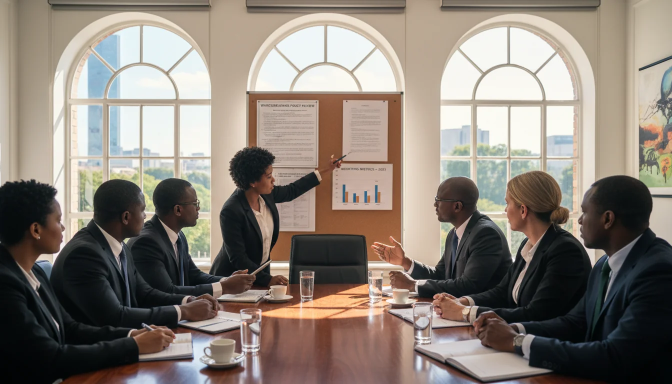 Corporate team discussing whistleblowing guidelines