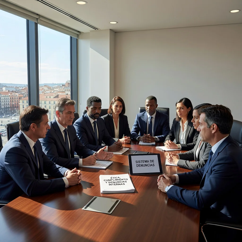 A professional corporate office environment in Spain, showing diverse adult employees in a meeting room discussing compliance and ethics, with subtle Spanish elements like a flag or architecture in the background, conveying trust and transparency for a whistleblower reporting system.
