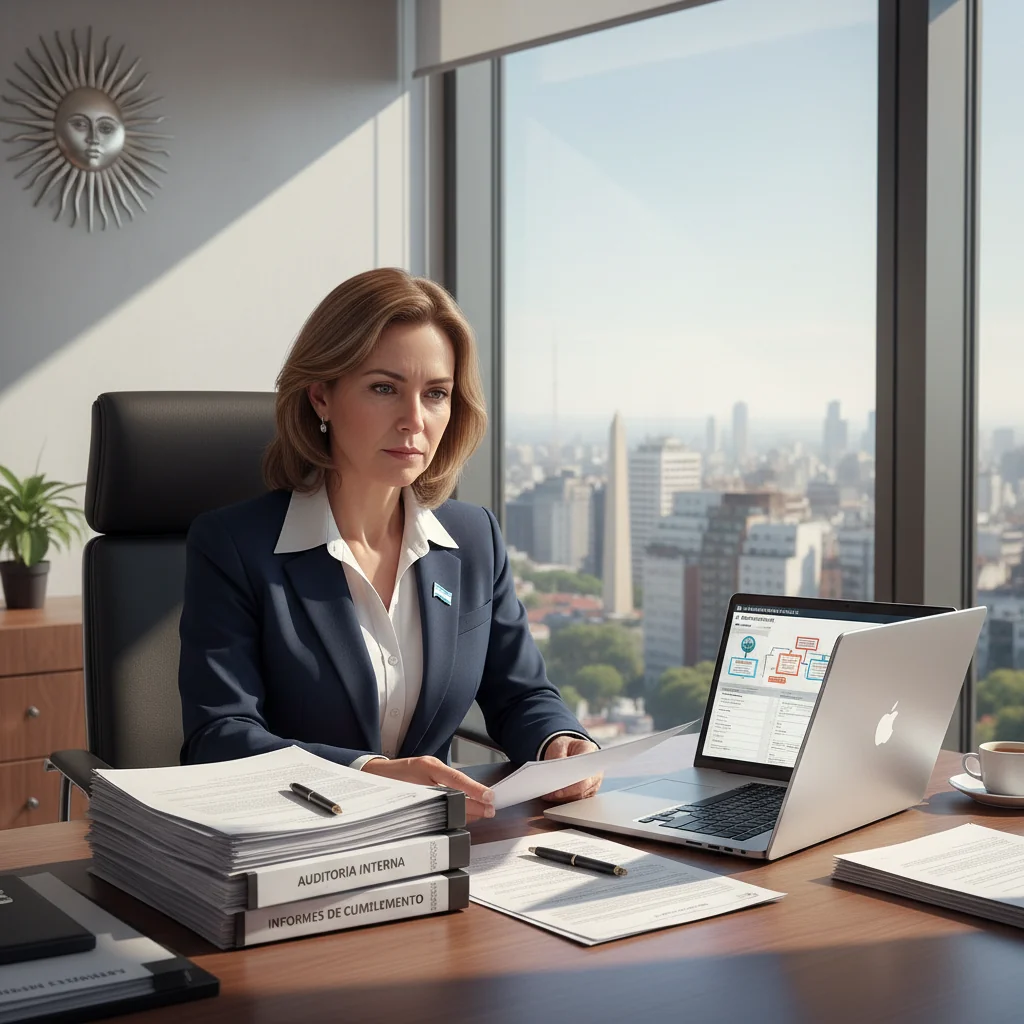 A photorealistic image of a determined adult professional in a modern office setting in Buenos Aires, Argentina, reviewing legal documents on a desk with the Argentine flag subtly in the background, symbolizing the reporting of corporate irregularities through official procedures.