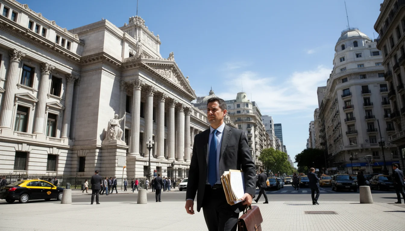 Argentine courthouse exterior with documents.