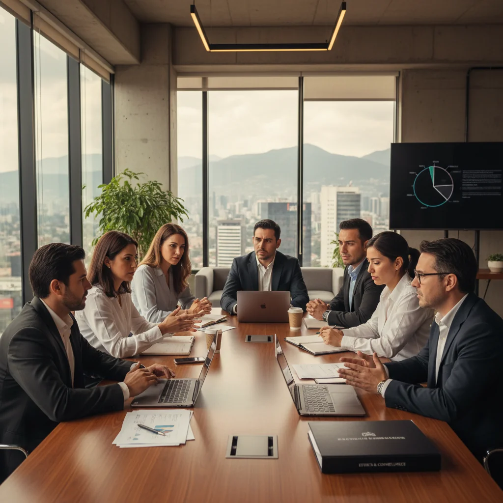 A professional corporate office environment in Mexico, featuring a diverse group of adult business professionals in a meeting room, discussing compliance and ethics with serious expressions, surrounded by modern office decor with subtle Mexican cultural elements like flags or artwork, conveying trust and transparency in corporate governance, photorealistic style.