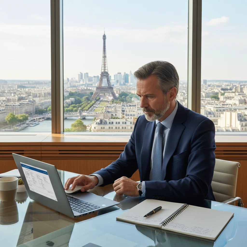 A photorealistic image of a professional business professional in a modern French office setting, carefully reviewing compliance documents on a computer screen, symbolizing the corporate alert reporting procedure in France. The atmosphere is serious and focused, with elements like a French flag or Eiffel Tower visible in the background to evoke the location.