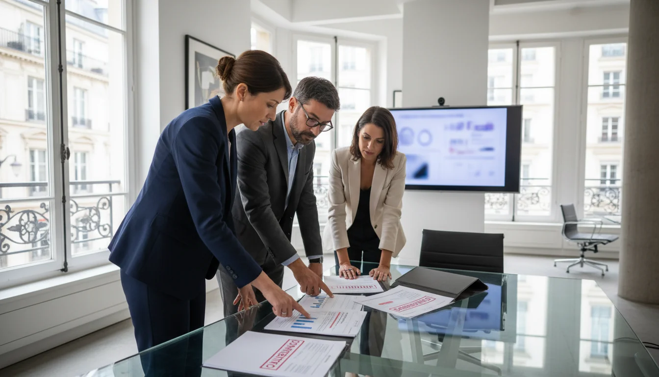 French corporate office with alert documents