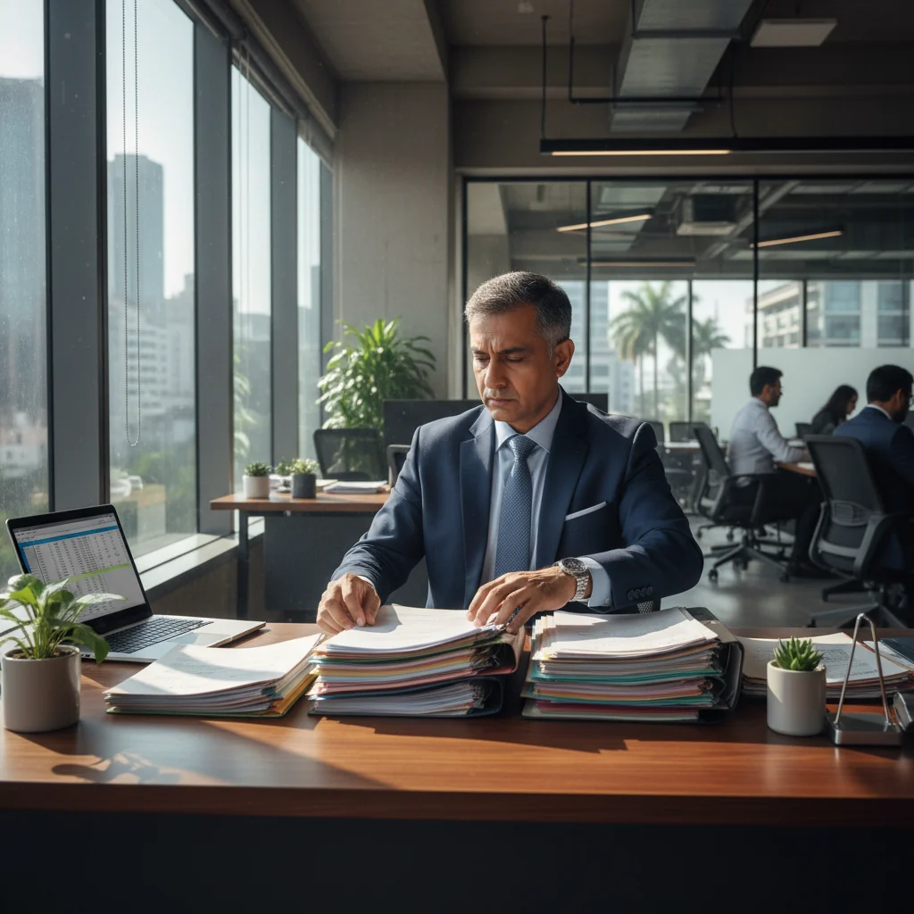 A professional Indian businessperson in a modern office setting, symbolizing the bureaucratic process of handling corporate documents in India, with elements like a desk and paperwork in the background, photorealistic style, no children present.