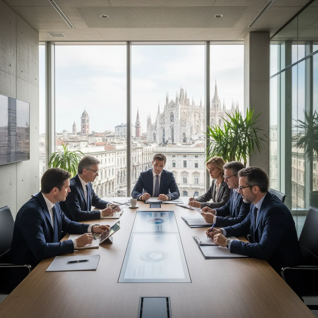 A photorealistic image of a professional business meeting in an Italian office setting, where a diverse group of adults is discussing corporate compliance procedures, with subtle Italian elements like a flag or architecture in the background, conveying transparency and reporting in a corporate environment.