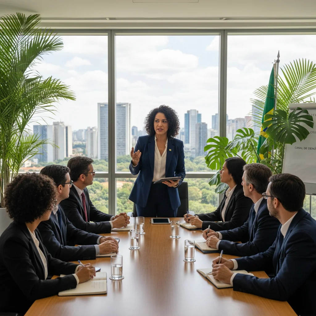 A professional office setting in Brazil featuring a diverse group of adult corporate employees in a meeting room, discussing whistleblowing procedures with serious expressions, symbolizing ethical reporting and corporate integrity. The scene includes Brazilian elements like a flag or tropical plants in the background, conveying trust and transparency without showing any documents.