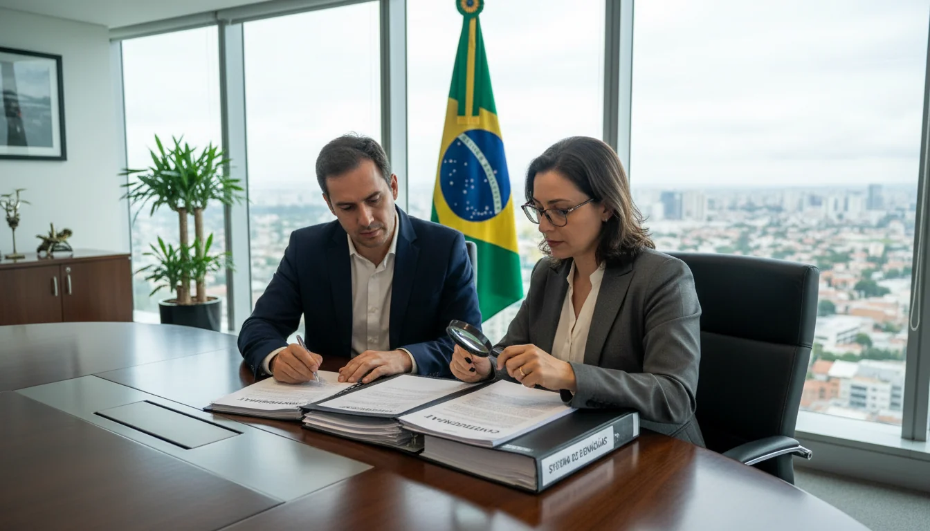 Brazilian office workers reviewing documents