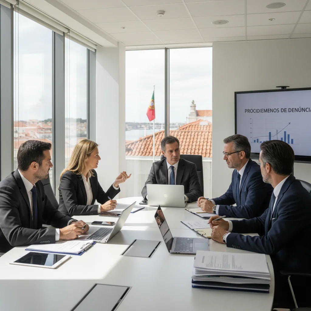 A professional business meeting in a modern Portuguese office, with adults discussing corporate compliance and reporting procedures, evoking trust and formality in business documentation processes. No children present.