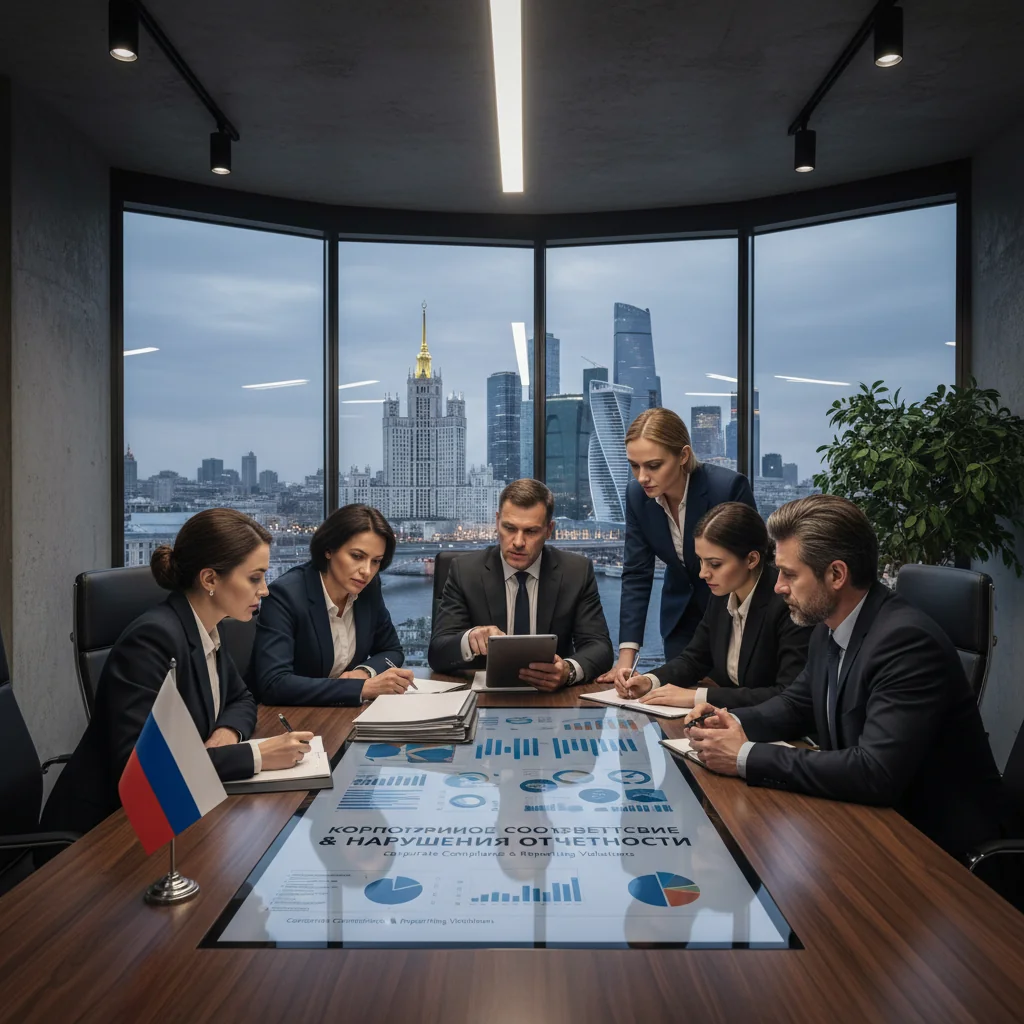 A professional business meeting in a modern Russian corporate office, where adults are discussing compliance and reporting procedures, symbolizing the process of reporting violations in corporate documents, with Russian cultural elements like a flag or Moscow skyline in the background.