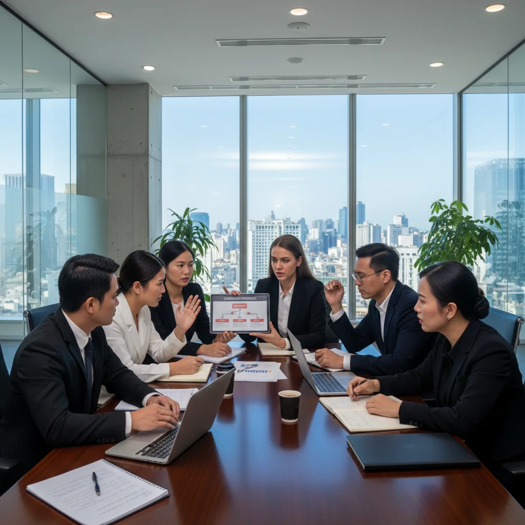 A professional business meeting in a modern Vietnamese office, with adults in business attire discussing compliance and ethics, symbolizing the process of reporting corporate violations, photorealistic style.