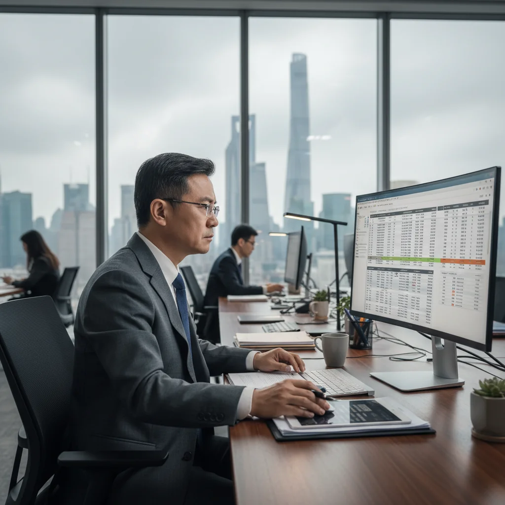 A professional Chinese business scene representing the process of reporting or whistleblowing on corporate documents, showing a determined adult business professional in a modern office environment in China, looking at a computer screen with a thoughtful expression, symbolizing compliance and integrity in business practices, no children present.