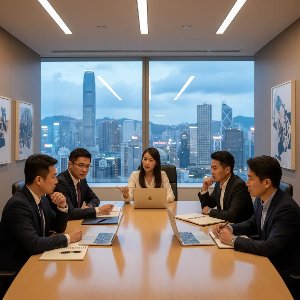 A photorealistic image of a professional business meeting in a modern Hong Kong office, with diverse adults discussing compliance and reporting procedures, skyline view in the background, no children, no documents visible.