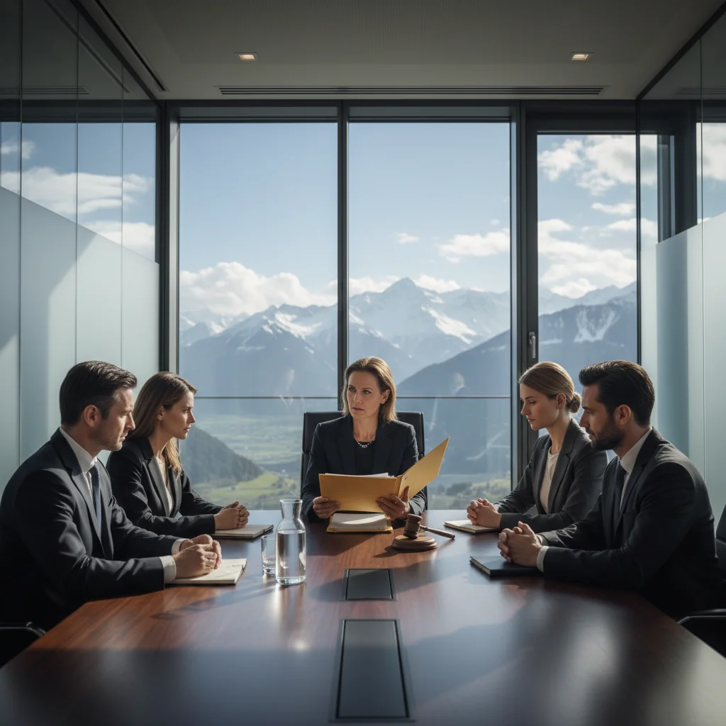 A photorealistic image depicting a professional disciplinary hearing in a Swiss office setting, featuring adults in business attire seated around a conference table, discussing seriously with documents and a gavel present, symbolizing the foundations of disciplinary proceedings in Switzerland. No children are shown.