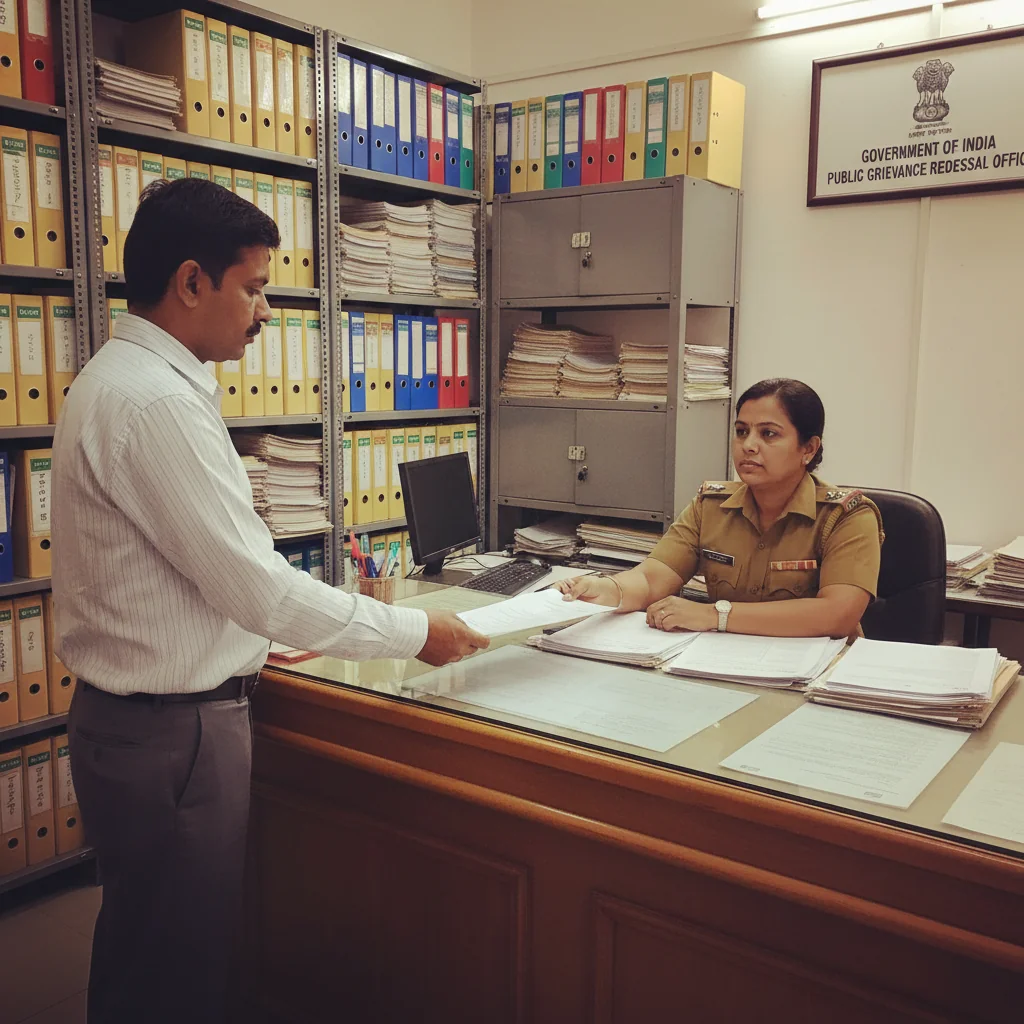 A photorealistic image depicting an adult citizen in a government office, submitting a complaint form to a helpful official at a desk, symbolizing the grievance redressal process in bureaucratic settings. The scene shows a modern Indian government office with files and computers in the background, conveying efficiency and resolution.