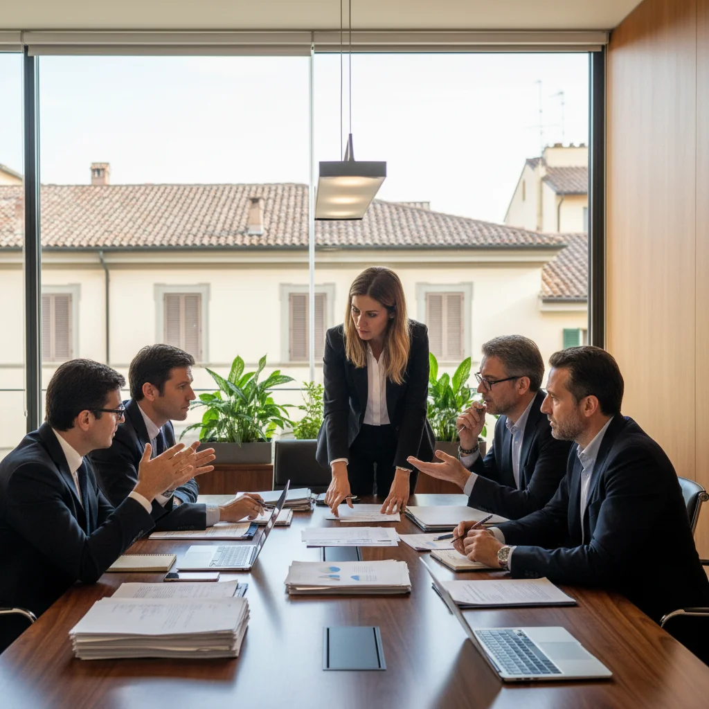 A photorealistic image of a professional business meeting in an Italian office setting, symbolizing discipline and compliance in the workplace, with adults discussing rules and guidelines around a conference table, evoking the purpose of a disciplinary code in Italy.