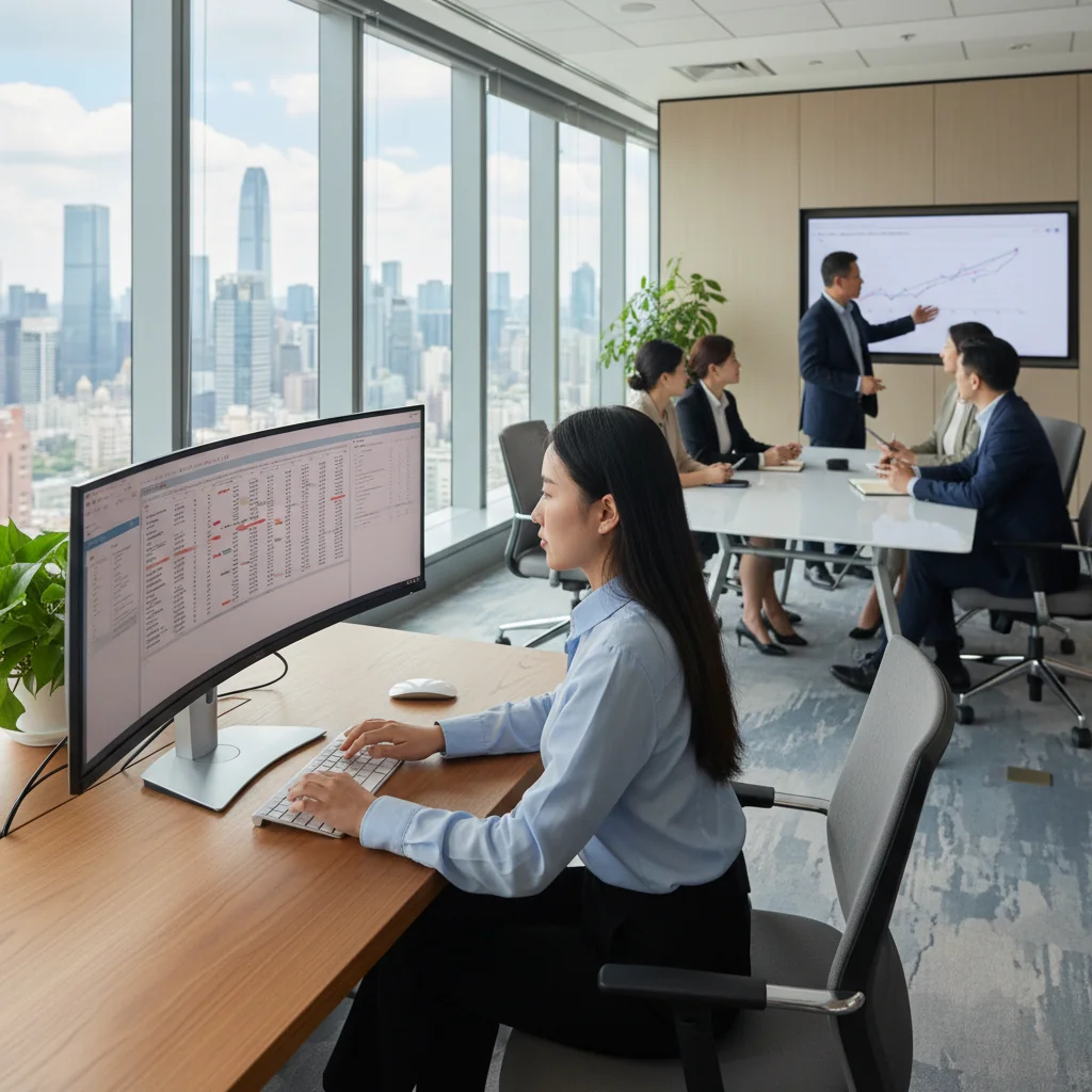 A photorealistic image depicting a professional adult employee in a modern office environment, actively engaged in productive work at a desk with a computer, surrounded by colleagues collaborating, symbolizing the adherence to labor discipline and guidelines in a Chinese workplace setting. The scene conveys efficiency, teamwork, and structured work ethic without any focus on documents.
