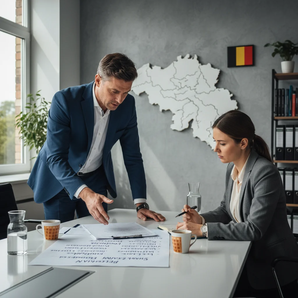 A photorealistic image of a professional meeting in a modern Belgian office, where a manager and an employee are discussing disciplinary procedures at a desk, with Belgian flags or subtle national elements in the background, conveying understanding and compliance in a workplace setting. No children are present.