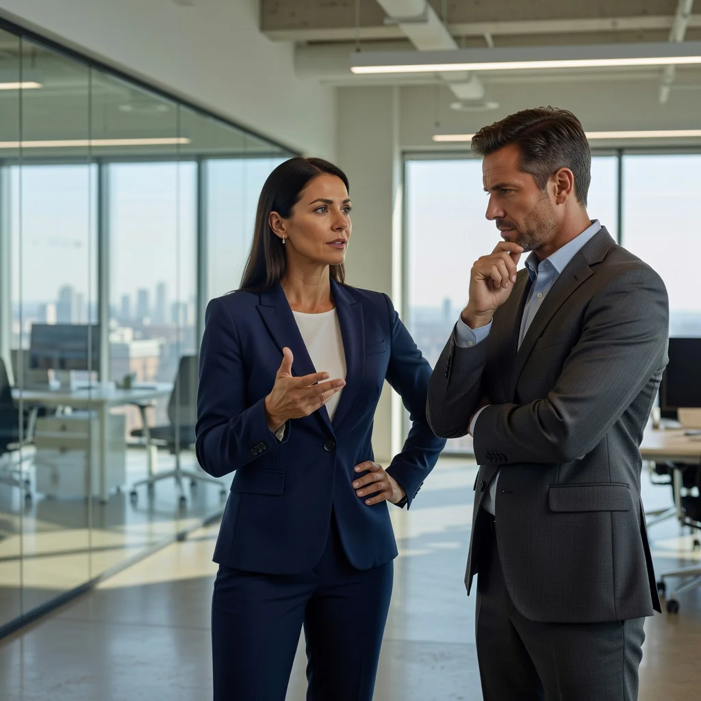A photorealistic image depicting an adult employee in a professional office setting, looking determined while reviewing notes or speaking with a colleague, symbolizing navigating workplace grievances without focusing on documents.