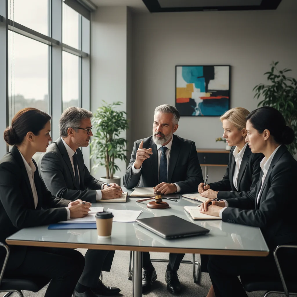 A photorealistic image depicting a professional meeting in a modern office where adults are discussing disciplinary actions and resolving complaints, symbolizing legal aspects of workplace discipline and grievance resolution. The scene includes diverse adult professionals around a conference table, looking engaged and serious, with subtle legal elements like a gavel or documents in the background, but no focus on the document itself. No children are present in the image.