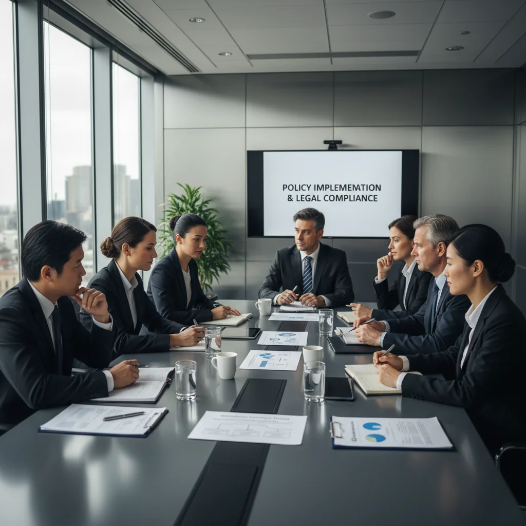 A photorealistic image of a diverse group of adult professionals in a modern corporate office, engaged in a serious discussion around a conference table, symbolizing the implementation of disciplinary and appeal procedures to mitigate legal risks. The scene conveys professionalism, compliance, and resolution without any documents visible.