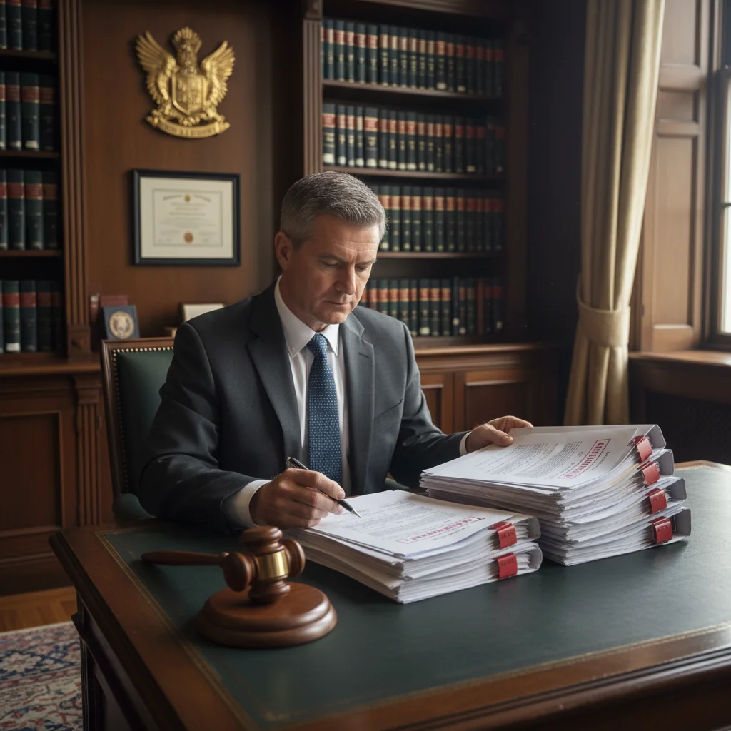 A photorealistic image depicting a professional adult civil servant in a formal office setting, reviewing disciplinary procedures documents with a serious expression, symbolizing rights and duties in official investigations, no children present.