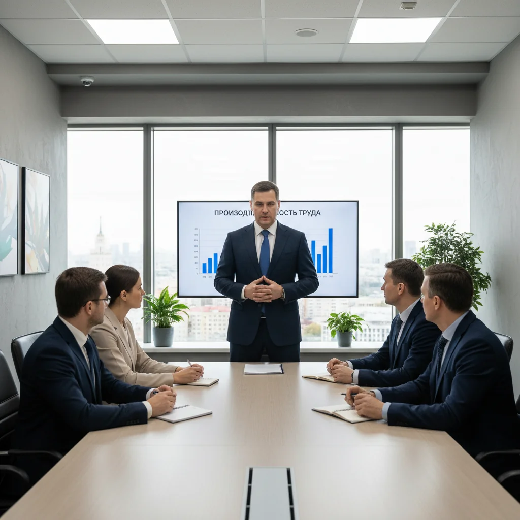 A photorealistic image depicting a professional workplace scene in a modern office in Russia, showing a diverse group of adult employees in business attire engaged in a serious discussion with a manager, symbolizing disciplinary procedures in labor law, with elements like a conference table and subtle Russian cultural touches, no children present.