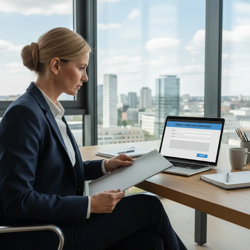A photorealistic image of a determined adult professional sitting at a desk in a modern office, holding a document and looking confidently at a computer screen displaying a complaint form, symbolizing the process of filing a complaint in Germany. The scene conveys empowerment and resolution without showing any corporate documents prominently.