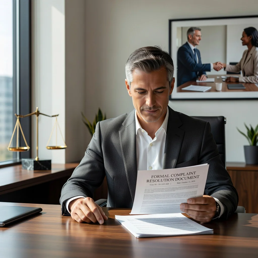 A photorealistic image depicting a professional adult in a modern office setting, calmly reviewing a complaint resolution document with a satisfied expression, symbolizing rights and obligations in complaint regulations. The scene includes subtle elements like a balanced scale or handshake in the background to represent fairness and resolution, with no children present.