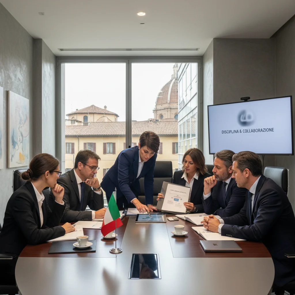 A photorealistic image of a professional business meeting in an Italian office setting, with adults discussing company policies, symbolizing the application of disciplinary codes in Italian companies.