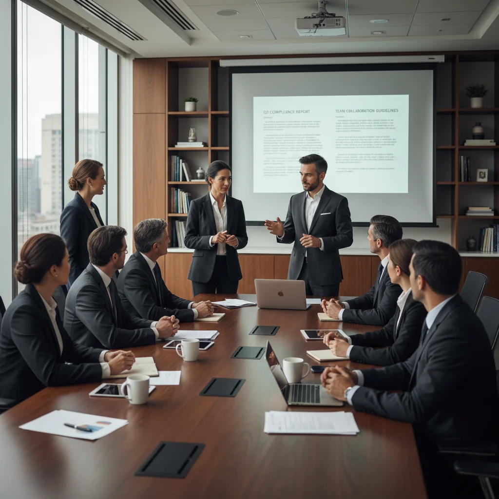 A photorealistic image depicting a professional office environment where adults are collaboratively working, symbolizing obligations and responsibilities in a workplace setting, with employees engaged in a team meeting, no children present.