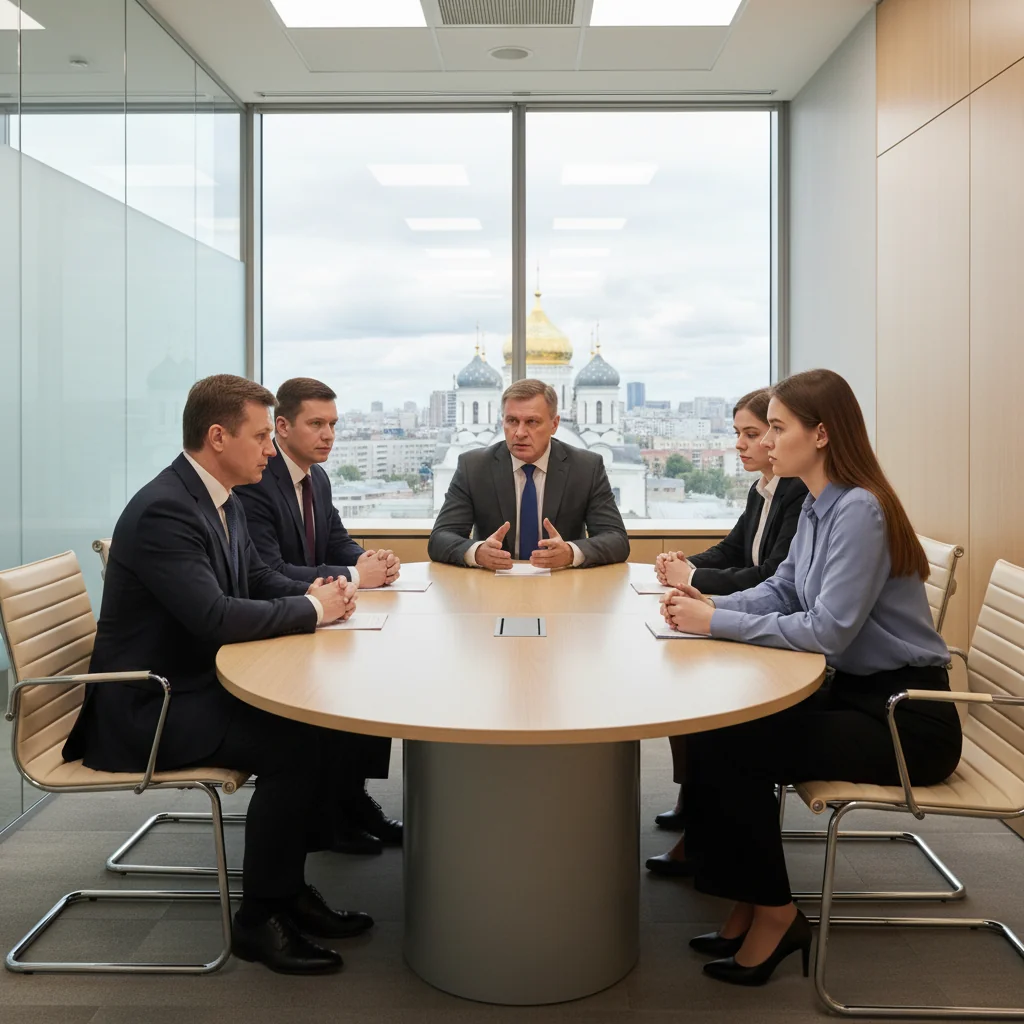 A photorealistic image of a professional office setting in Russia, showing a stern manager in a suit conducting a disciplinary meeting with an adult employee in a modern conference room, emphasizing authority and order in workplace discipline, with Russian cultural elements like flags or architecture in the background.