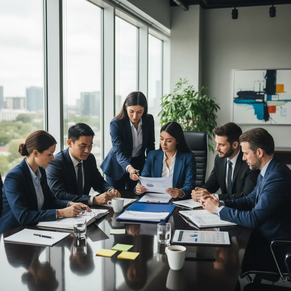A photorealistic image of a professional business meeting in a modern office, where a manager and an employee are engaged in a serious discussion about workplace policies, symbolizing fair labor discipline and compliance, with adults only, no children present.