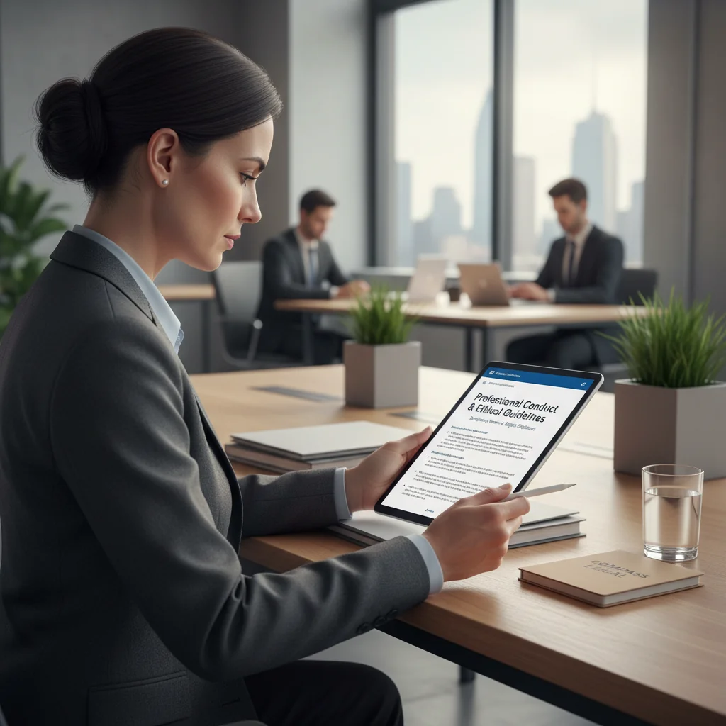 A photorealistic image depicting a professional adult in a modern office setting, reviewing disciplinary guidelines on a tablet, symbolizing rights and obligations in workplace norms and complaints, with a balanced and fair atmosphere.