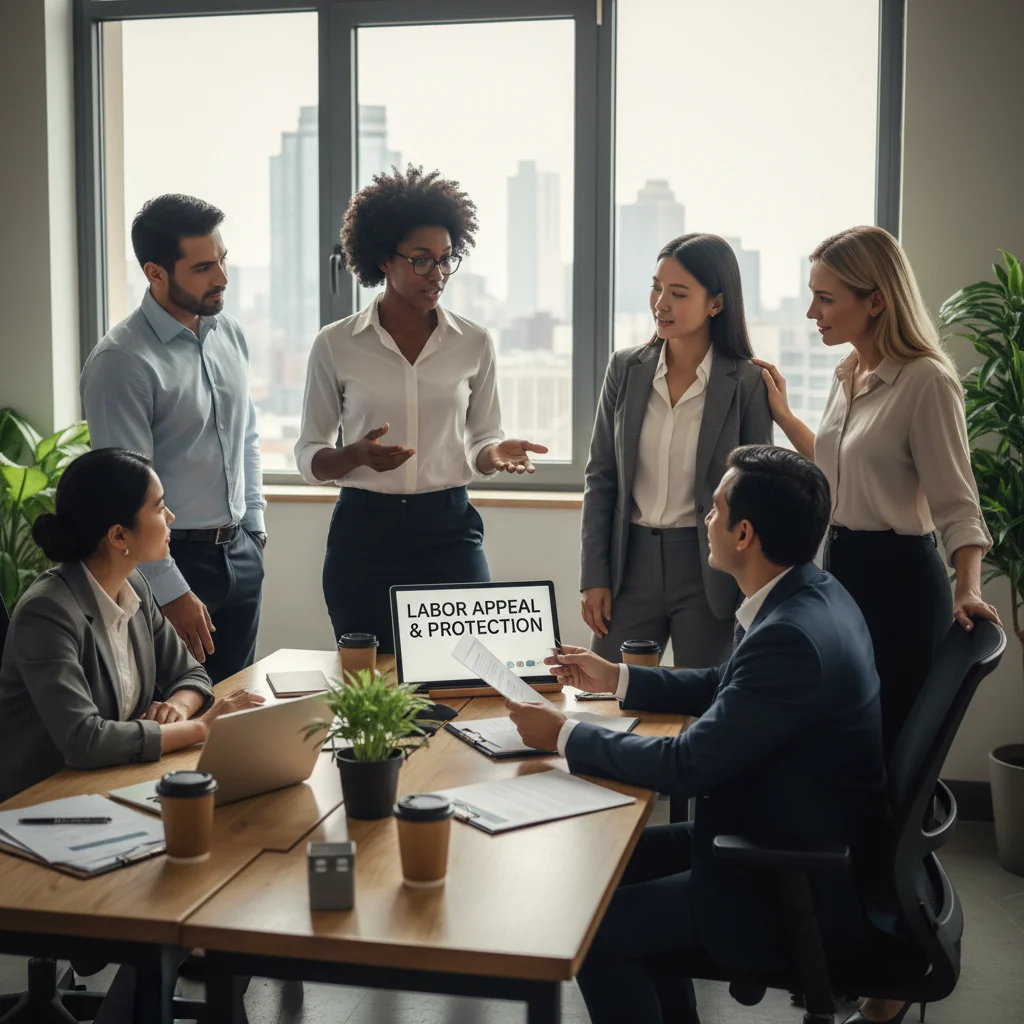 A photorealistic image of a professional adult employee in a modern office setting, confidently discussing rights with a colleague or advisor, symbolizing employee rights protection and labor appeal procedures. The scene conveys empowerment and support without focusing on documents.