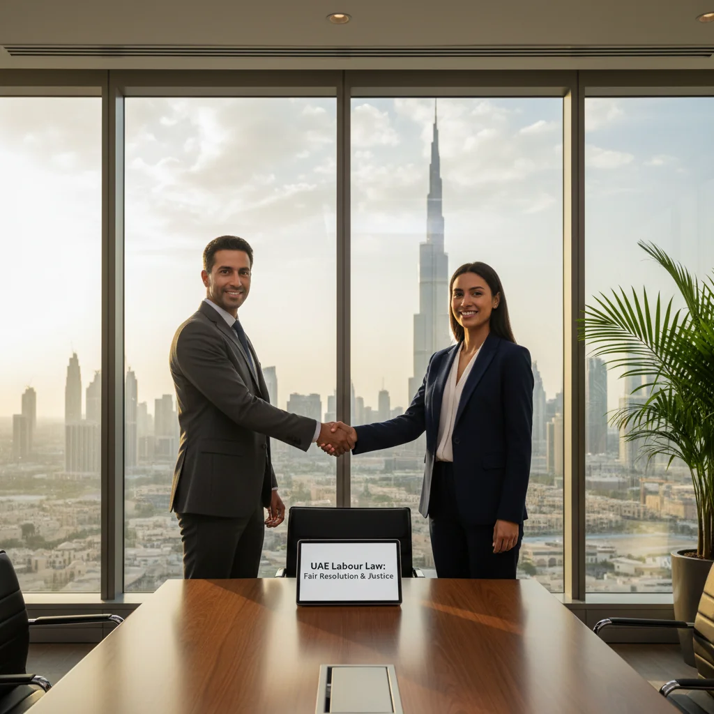 A photorealistic image symbolizing fairness and resolution in UAE labor law, showing two adult professionals in a modern office in Dubai shaking hands amicably after resolving a workplace issue, with subtle UAE flag elements in the background, conveying discipline, complaints procedures, and justice without any documents visible.