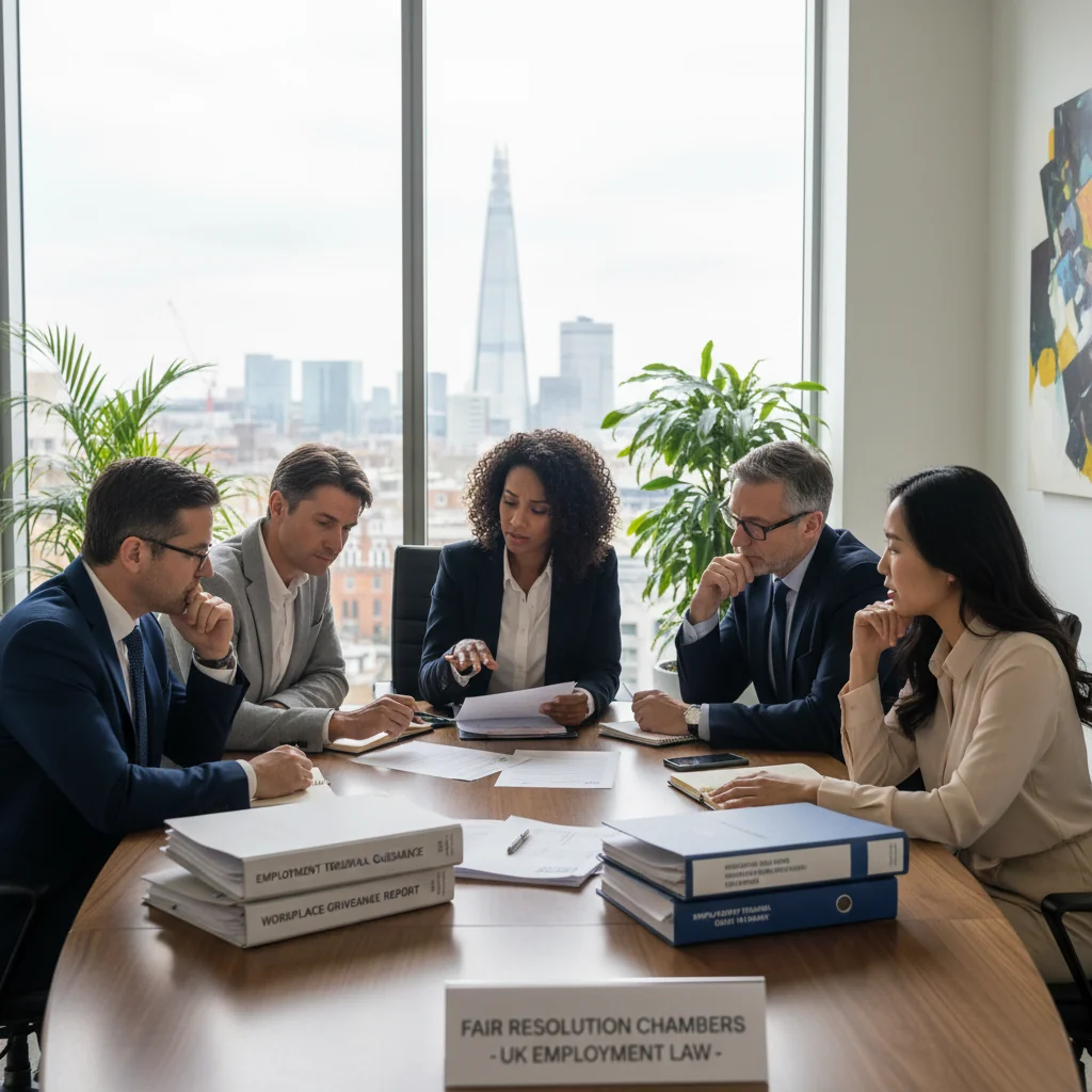 A photorealistic image of a professional meeting in a modern UK office where adults are calmly discussing grievance resolution, symbolizing effective handling of workplace procedures.