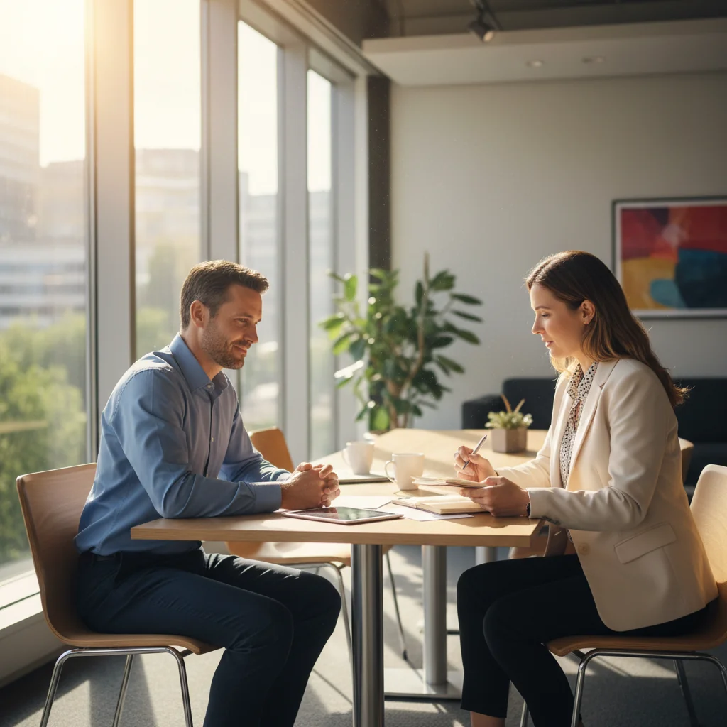 A photorealistic image depicting two professional adults in a modern office setting, engaged in a calm and constructive discussion to resolve an internal workplace dispute. One person is listening attentively while the other gestures expressively, with a sense of collaboration and resolution on their faces. The background shows a contemporary office environment with desks and windows, emphasizing harmony in the workplace. No children are present in the image.