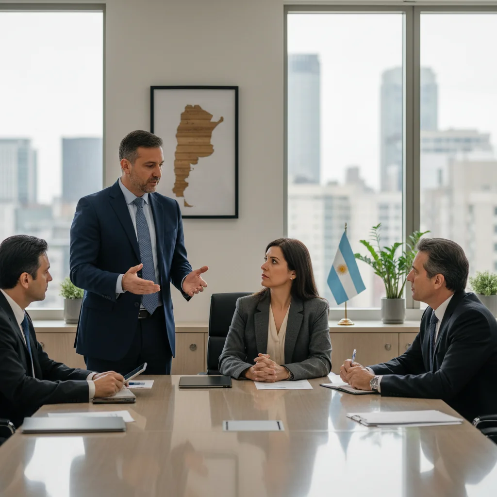 A photorealistic image representing disciplinary procedures in a professional Argentine workplace, showing a serious meeting between an employer and employee in a modern office setting, emphasizing fairness and professionalism, with Argentine cultural elements like a flag in the background.